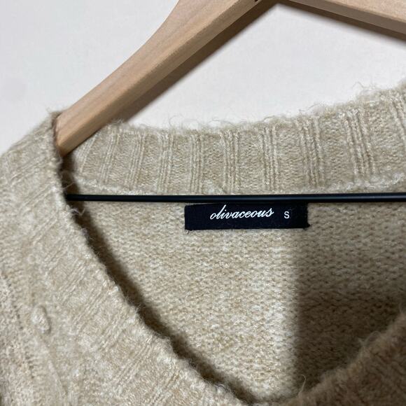 Olivaceous Tan Cable Knit Pom Pom Sweater Size Small - Picture 2 of 10